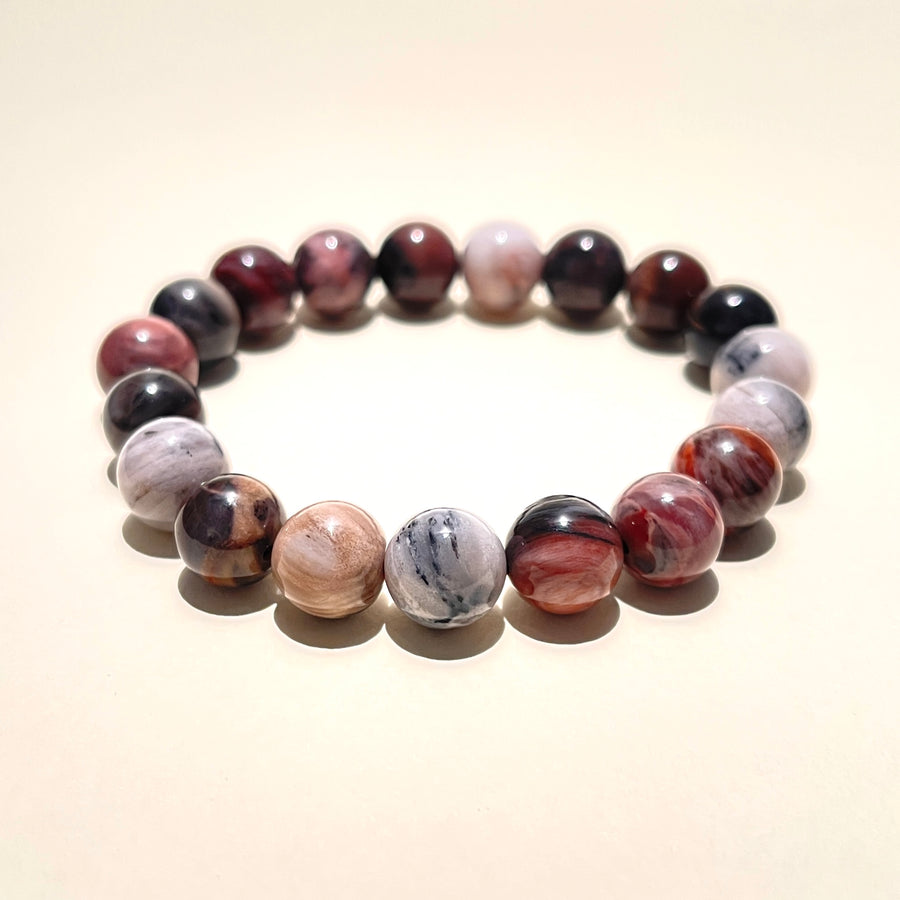 Petrified Wood Gray & Purple 10mm Round Bead Stretch Bracelet